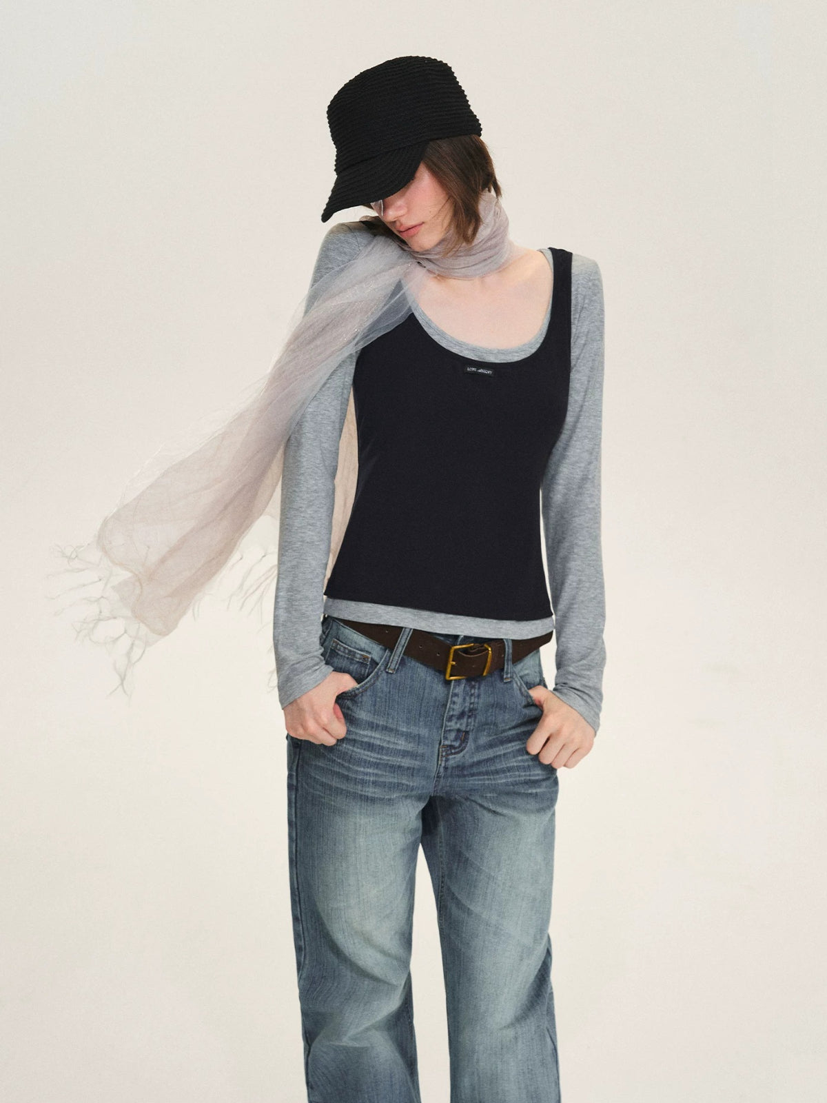 Contrast Layered Lyocell Scoopneck Top