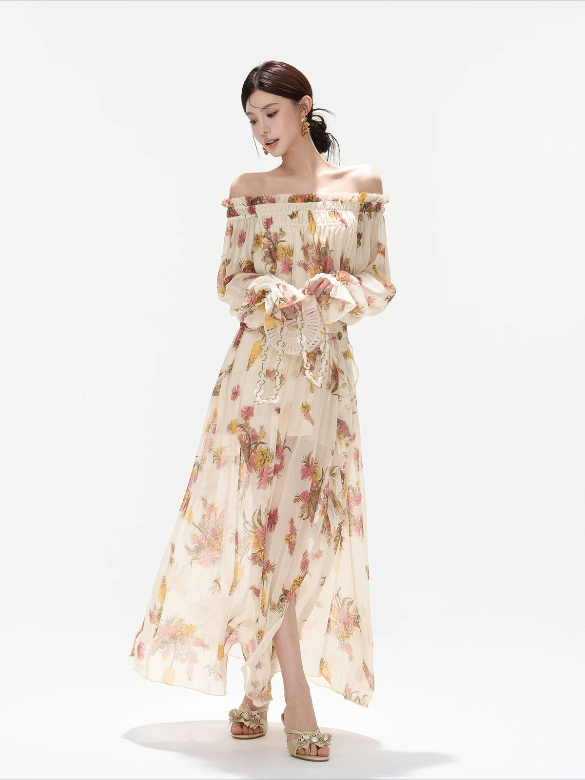 Floral Print Off Shoulder Chiffon Dress