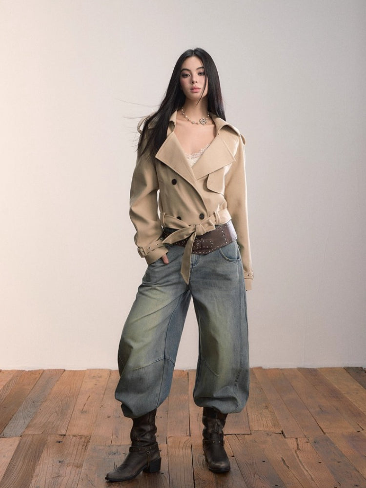 Short Double-Breasted Belted Trench Jacket
