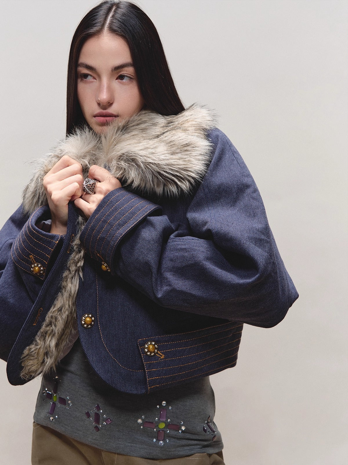 Fur-Collar Fitted Parka Jacket