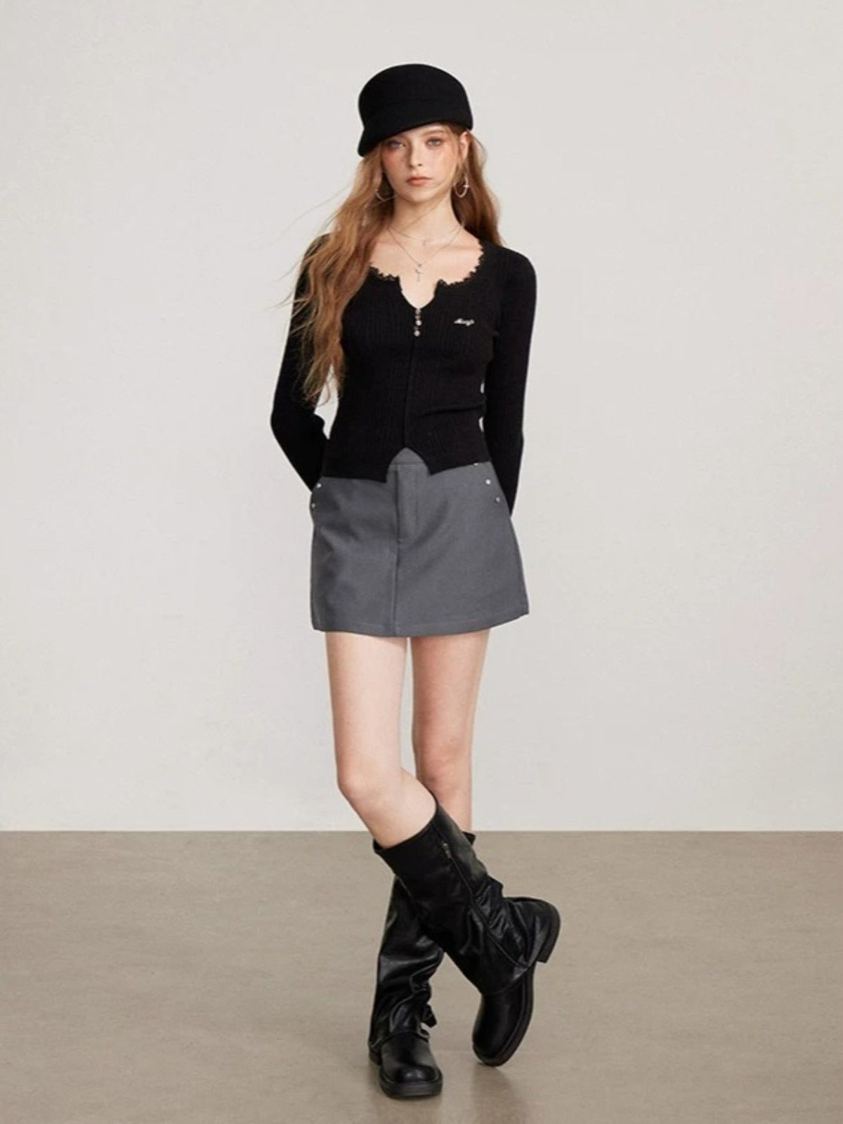 Lace Panel Ribbed Knit Sweater Top