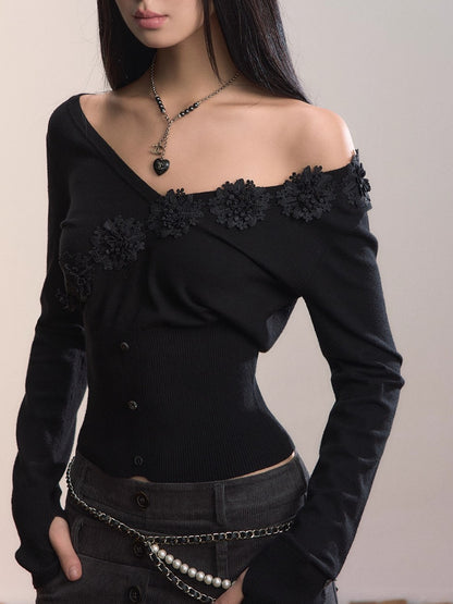 3D Floral Ribbed Waist-Fit T-shirt