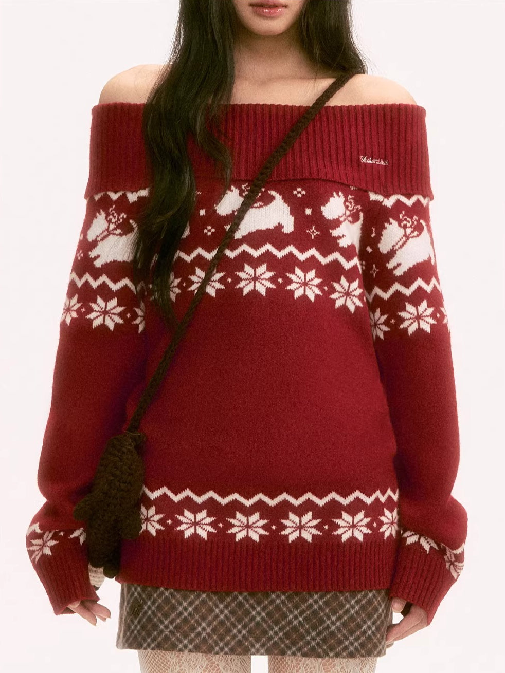 Red Fair Isle Off-Shoulder Knit Top