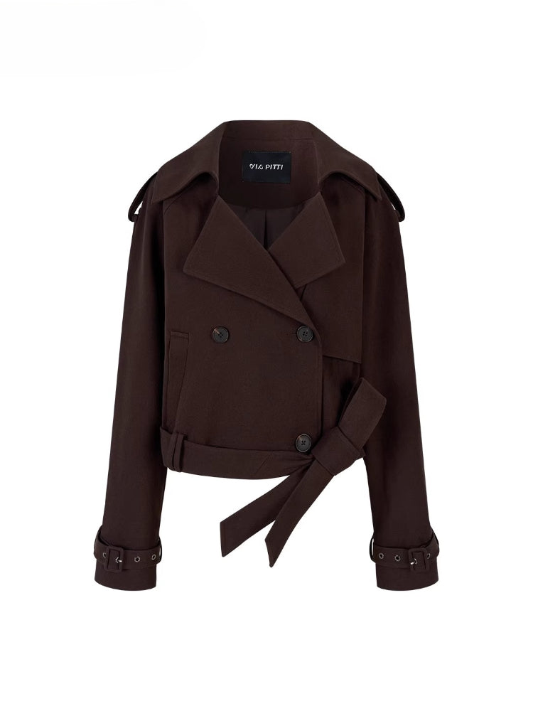 Short Double-Breasted Belted Trench Jacket