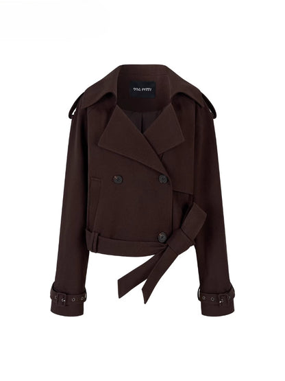 Short Double-Breasted Belted Trench Jacket