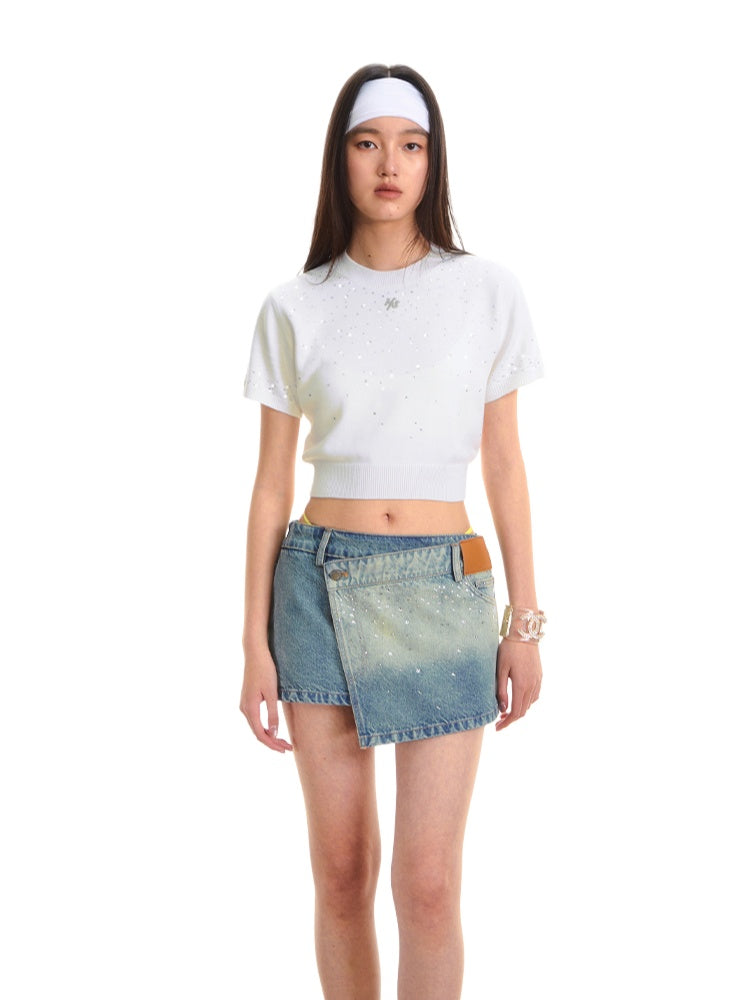 Gradient Rhinestone Shoulder Short-Sleeve T-shirt