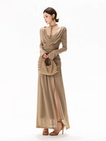 Greige Halter Knit Mesh Maxi Dress