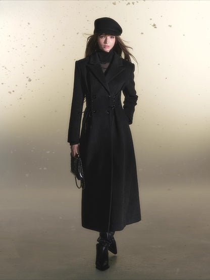 Waist-Tie Double-Breasted Wool Coat
