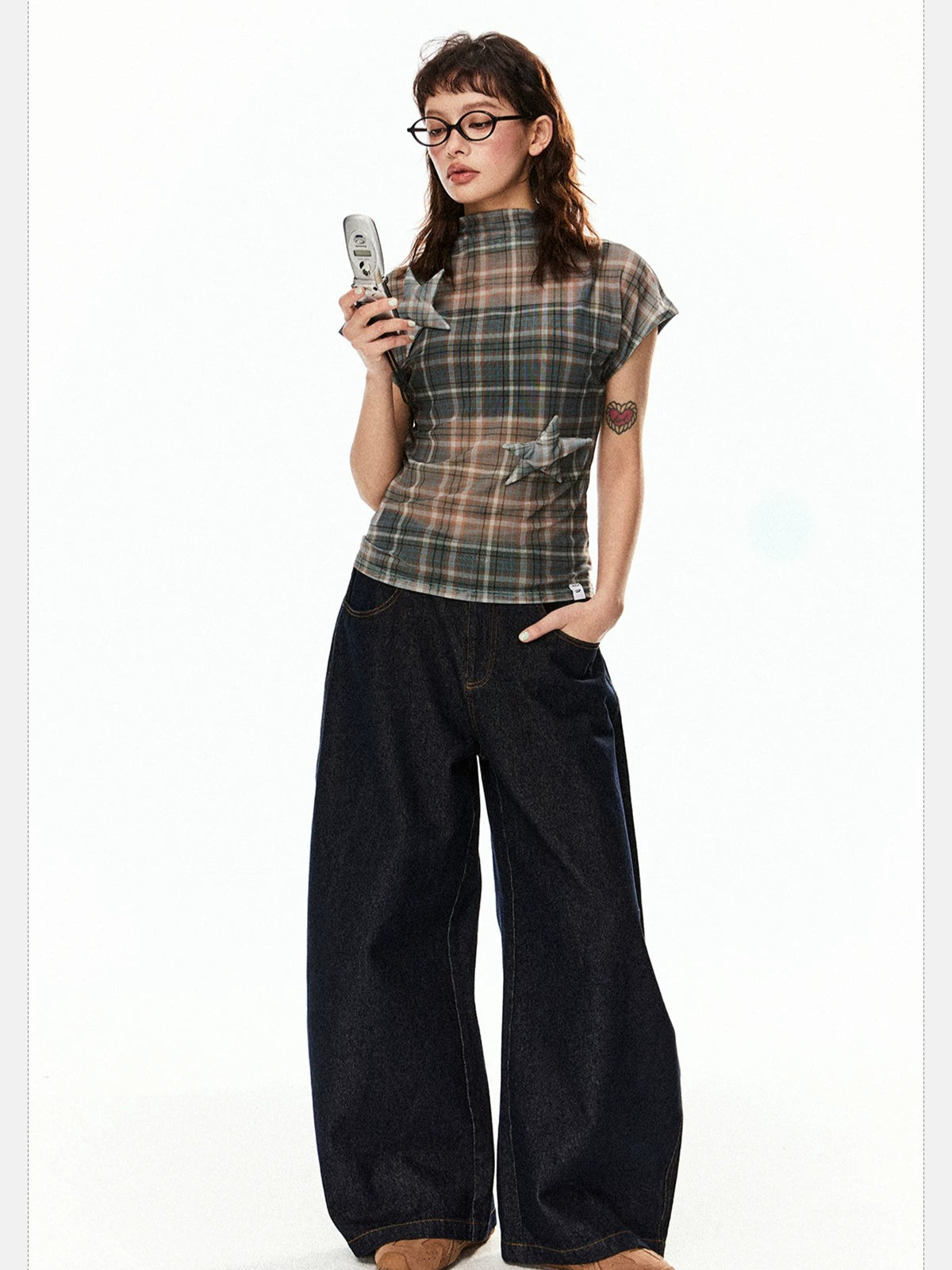 Vintage Plaid Mesh Short Sleeve Top