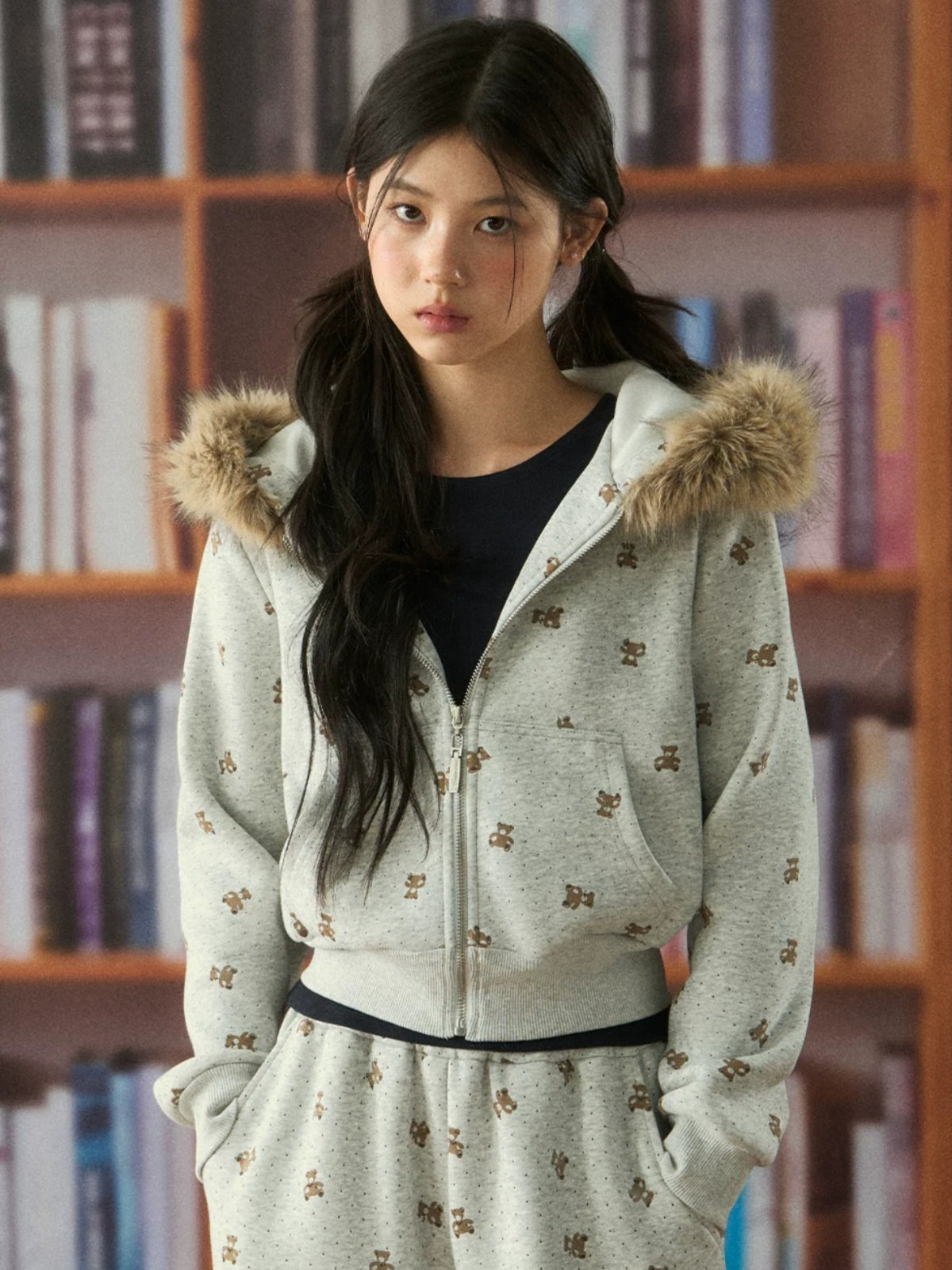 Bear Print Hooded Zip Jacket