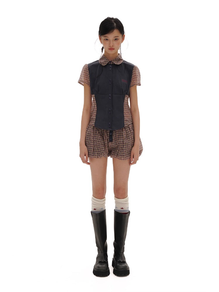 Retro Plaid Split Short Sleeve Shirt &amp; Puff Skirt Set