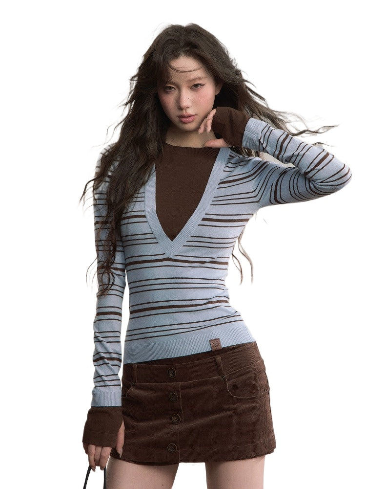 Color-Blocked Stripe Crew Neck Long Sleeve Knit Top