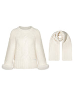Wool-Blend Cable Knit Batwing Sweater Scarf Set