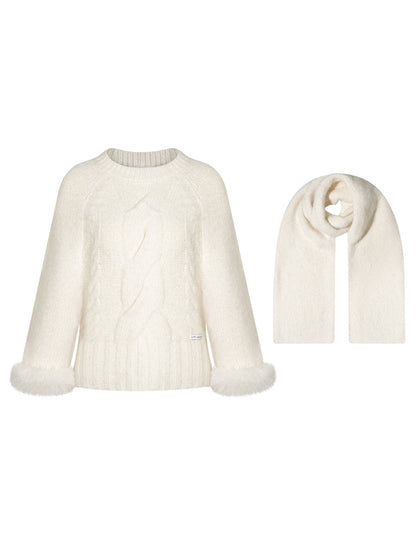 Wool-Blend Cable Knit Batwing Sweater Scarf Set