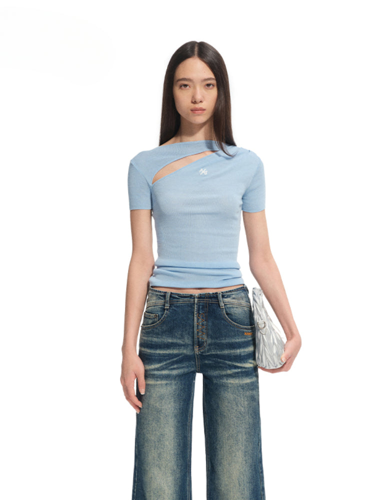 Diagonal Open Hollow-out Asymmetric Regular Shoulder T-Shirt