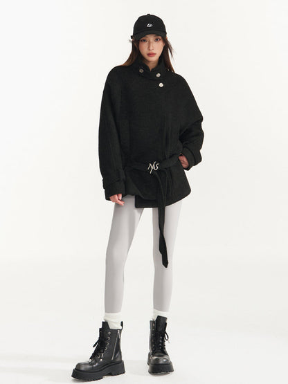 Cream &amp; Black Wool Blend Loose Lapel Jacket
