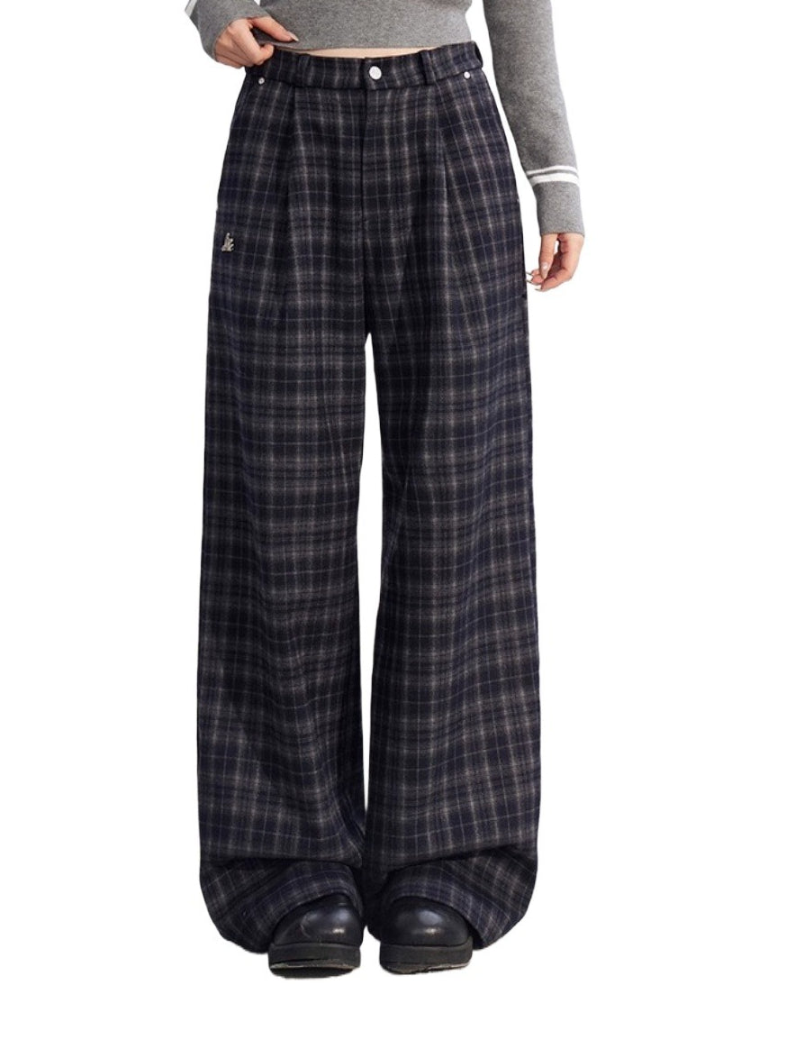 Gray Fleece Checkered Wide-Leg Pants