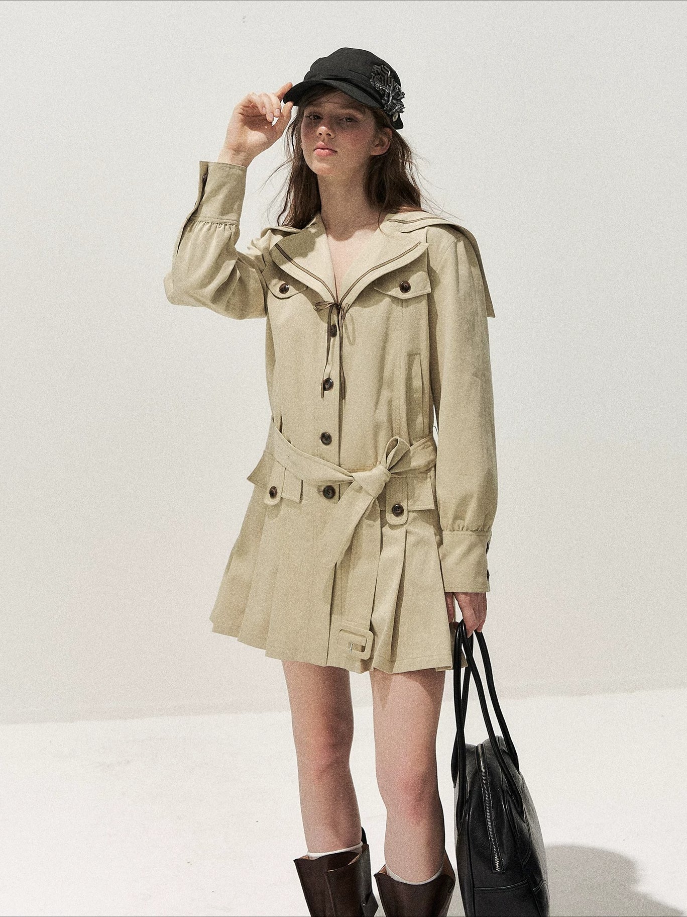 Sailor Collar Pleated Trench Coat
