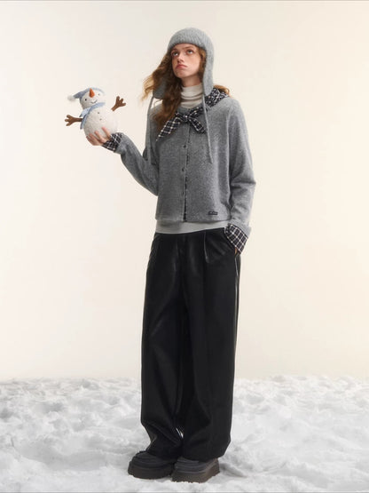 Wool Blend Plaid Tie Cardigan