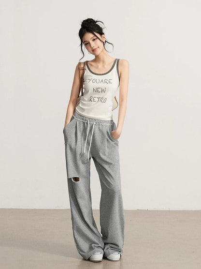 Gray &amp; Beige Distressed Wide-Leg Pants