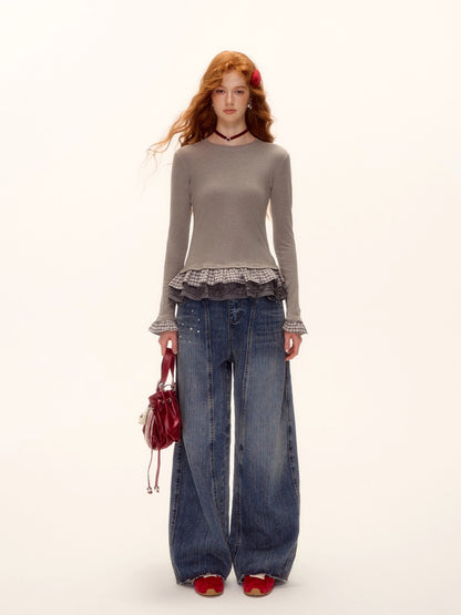 Wool Blend Tencel Plaid Knit Top