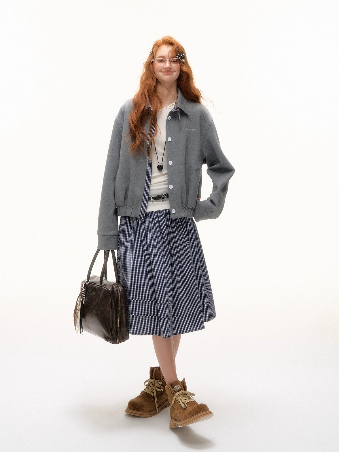 Plaid Collar Zip Sweatshirt Jacket