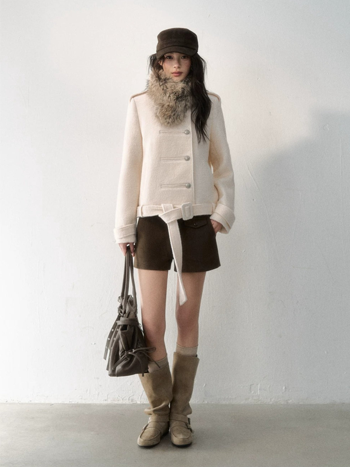 Fur-Collar Belted Wool Bouclé Coat