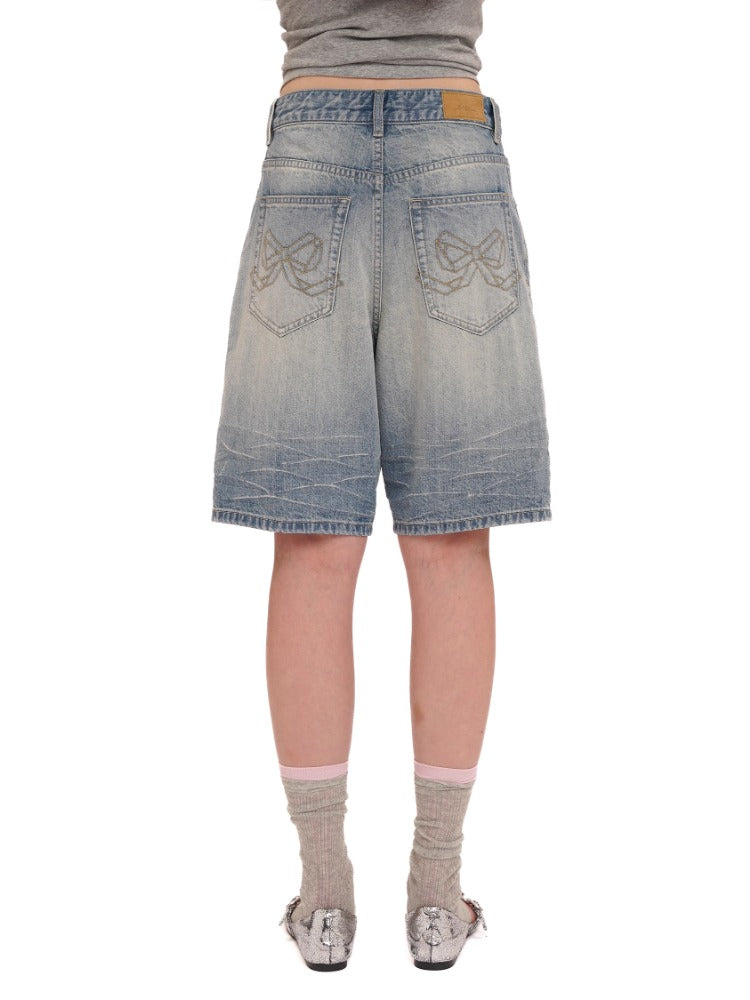 Rhinestone Pocket Embroidered Denim Capri Shorts/Long Pants