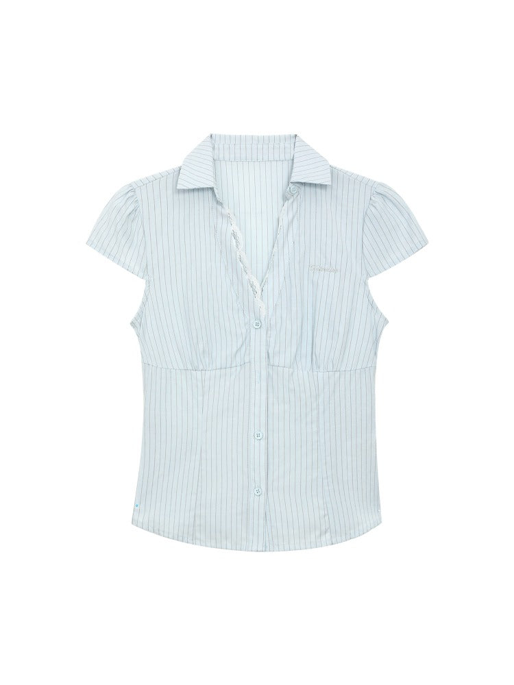 Lace V-Neck Striped Shirt