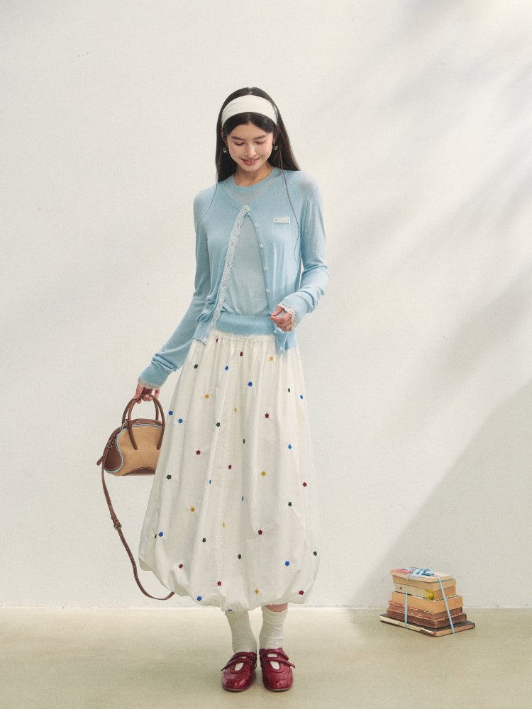 White Heavy-duty Floral Embroidered Midi Skirt