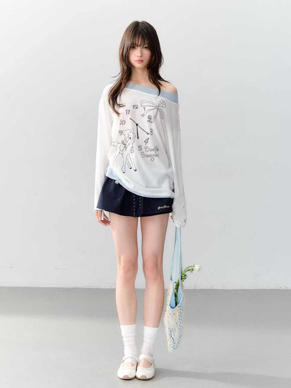 White Clock-Print Polka Dot Tee