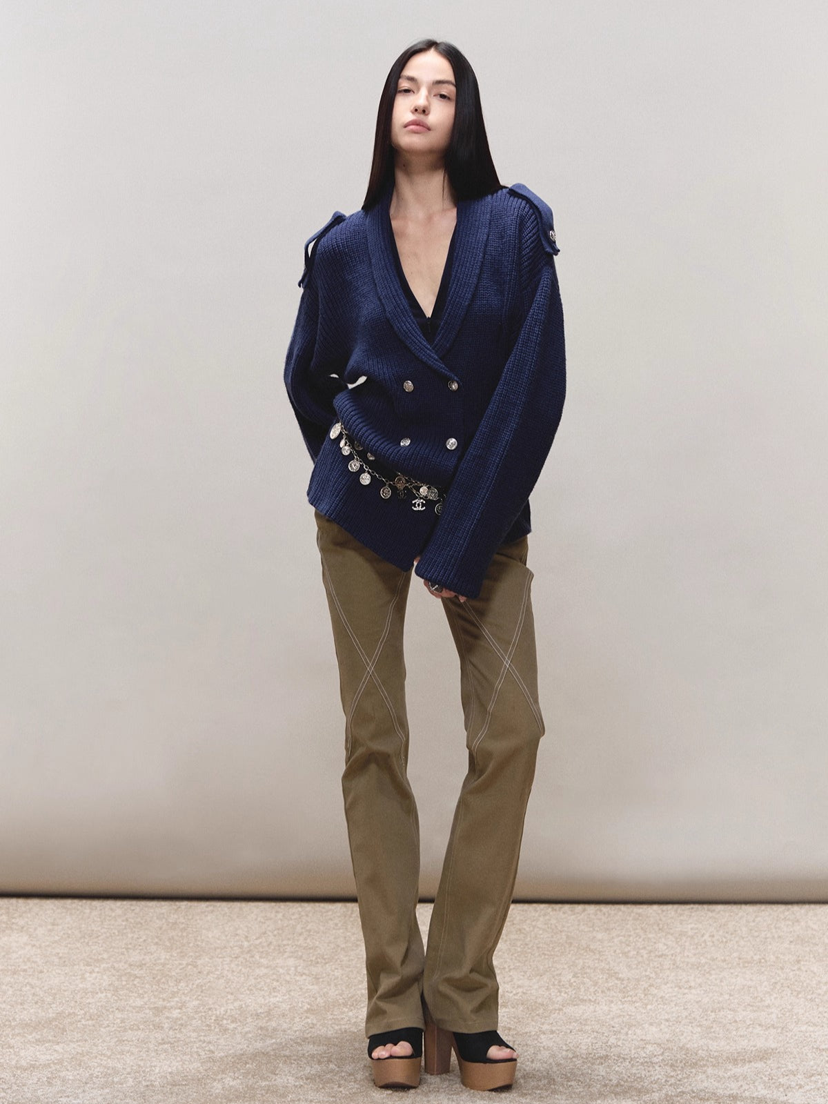 Wool Epaulet Double-Breasted Cardigan