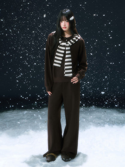 Brown Stripe Contrast Waist Wide-leg Pants