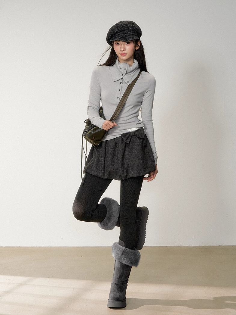 Drape-Neck Slim Knit Top