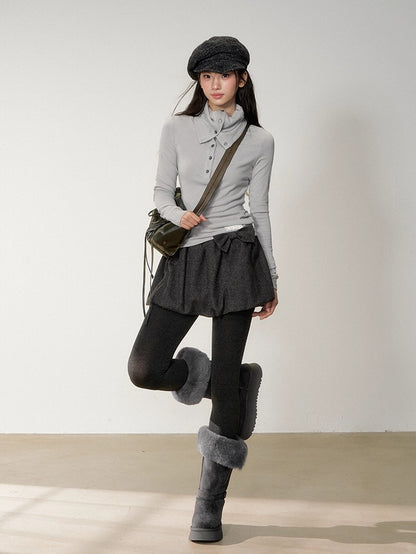 Drape-Neck Slim Knit Top