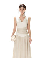 Contrast Pleated Satin Maxi Dress