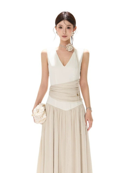 Contrast Pleated Satin Maxi Dress