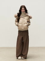 Faux Layered Fur-Trim Hooded Down Jacket