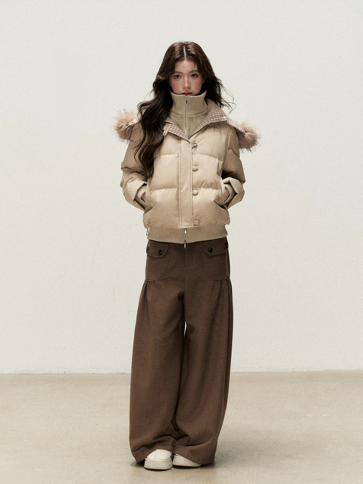 Faux Layered Fur-Trim Hooded Down Jacket