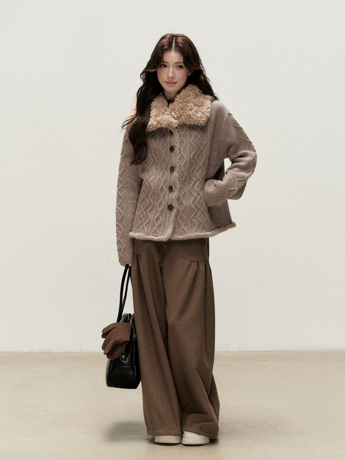 Faux Fur Collar Cable Knit Cardigan