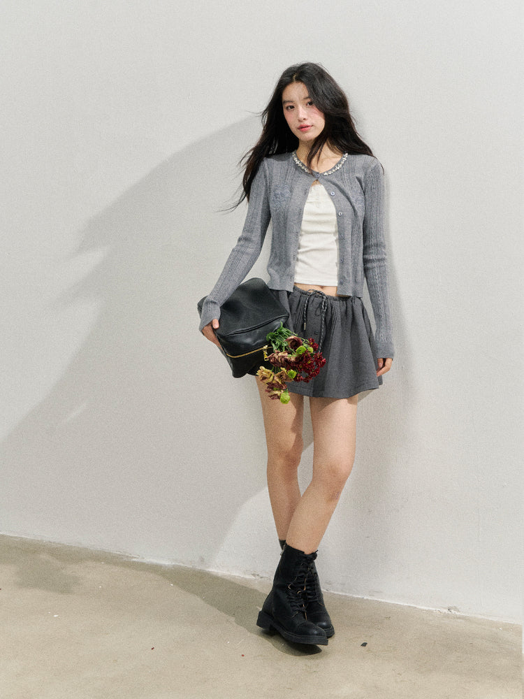 Handmade Rhinestone Collar Rose-Embroidered Knitted Cardigan