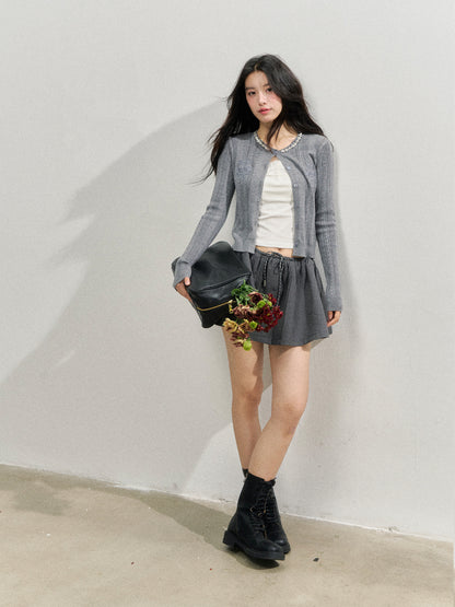 Handmade Rhinestone Collar Rose-Embroidered Knitted Cardigan
