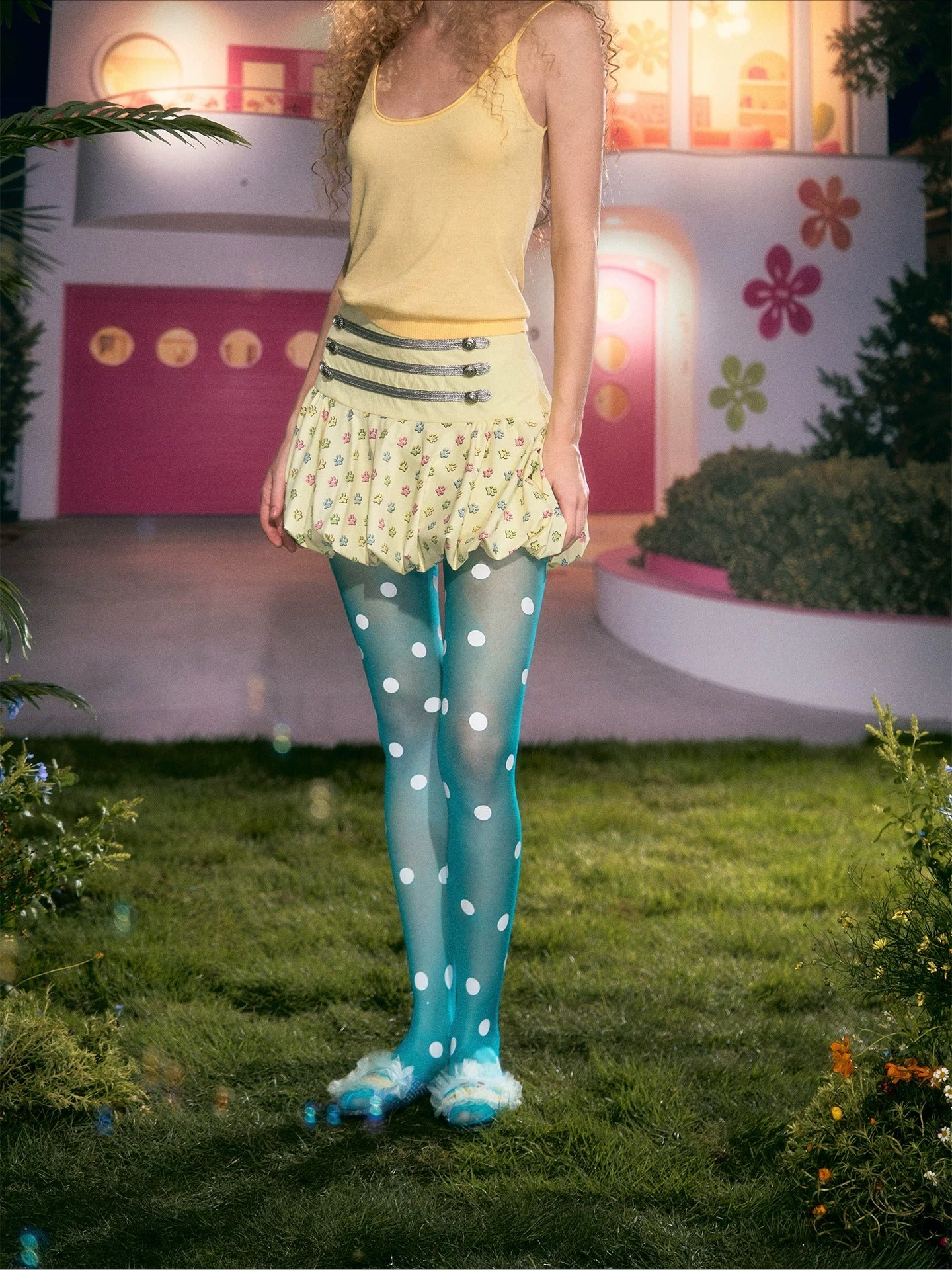 White Cat Print Pleated Skirt