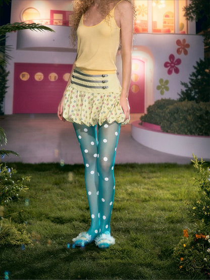 White Cat Print Pleated Skirt