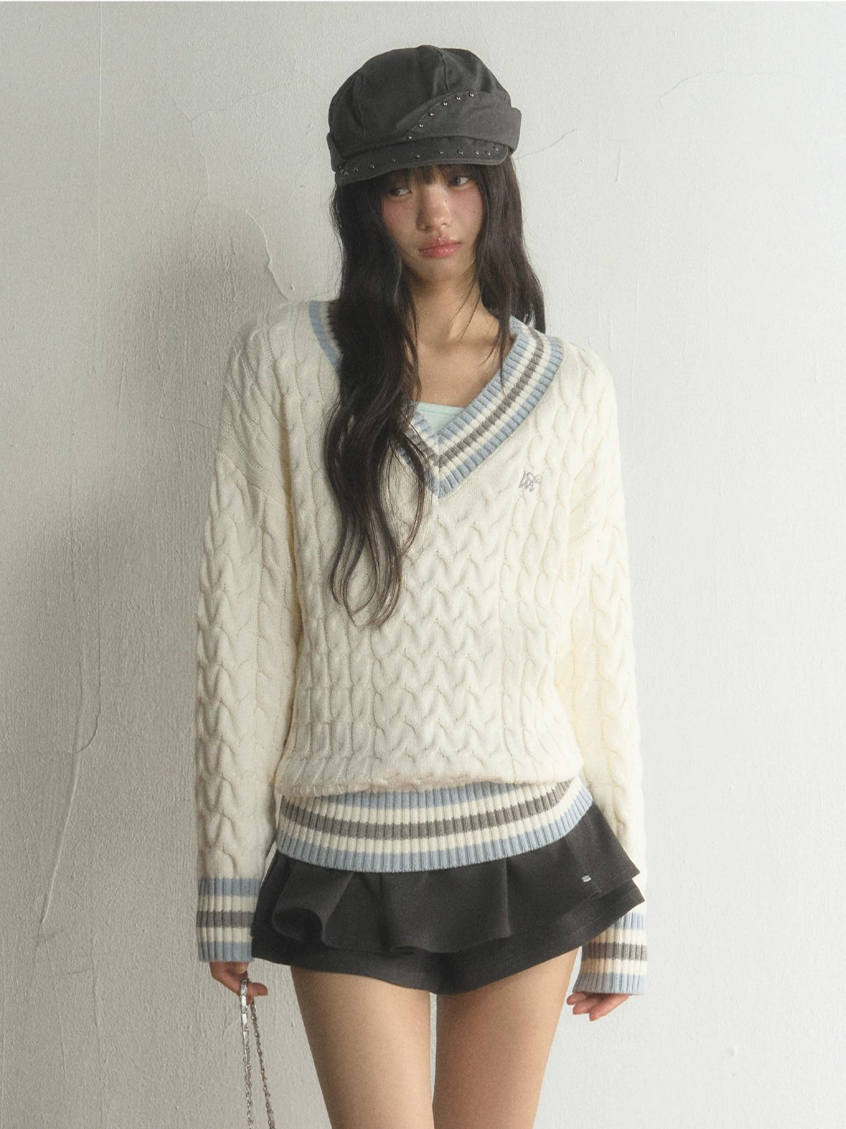 Preppy Contrast V-Neck Cable-Knit Sweater