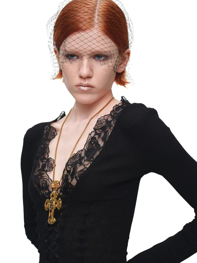 Lace V Neck Knit Top