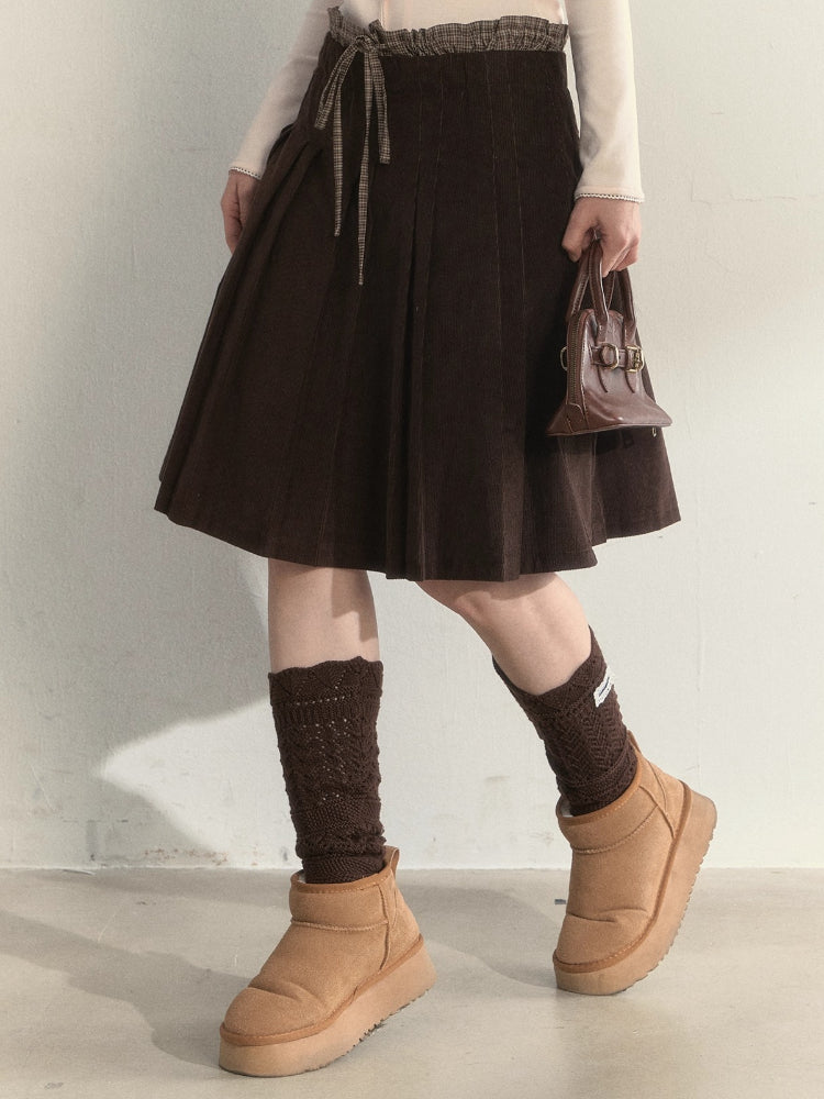 “Chestnut” Double-Waist Pleated Corduroy Skirt