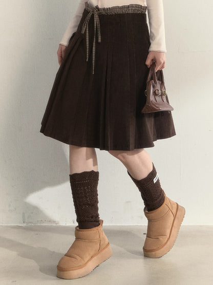 “Chestnut” Double-Waist Pleated Corduroy Skirt