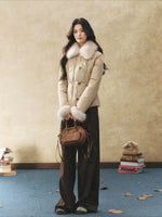 Khaki Faux Fur Collar Puffer Jacket