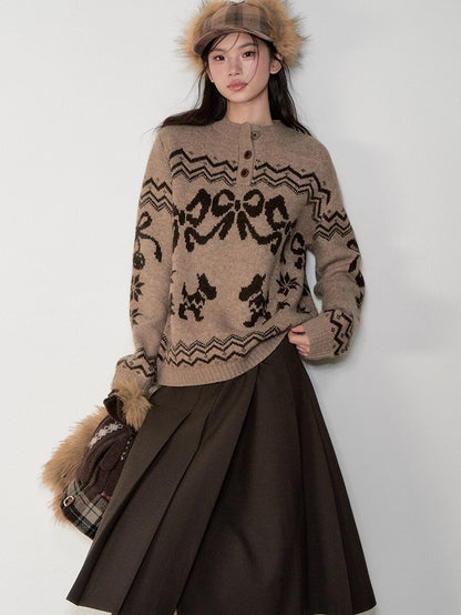 Fair Isle Bow Henry-Collar Sweater